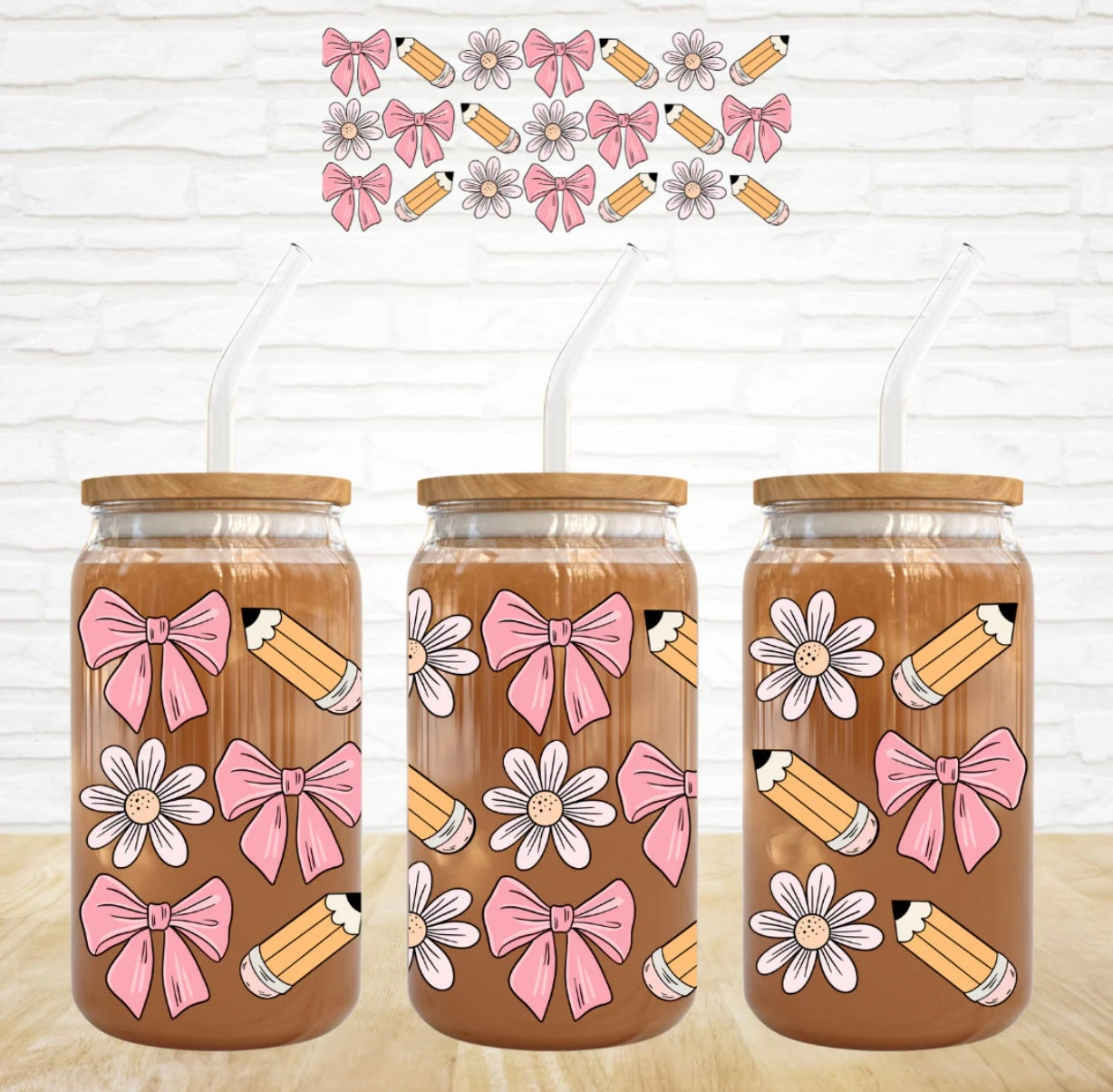 Pencils Bows Daisies UV DTF 16 oz