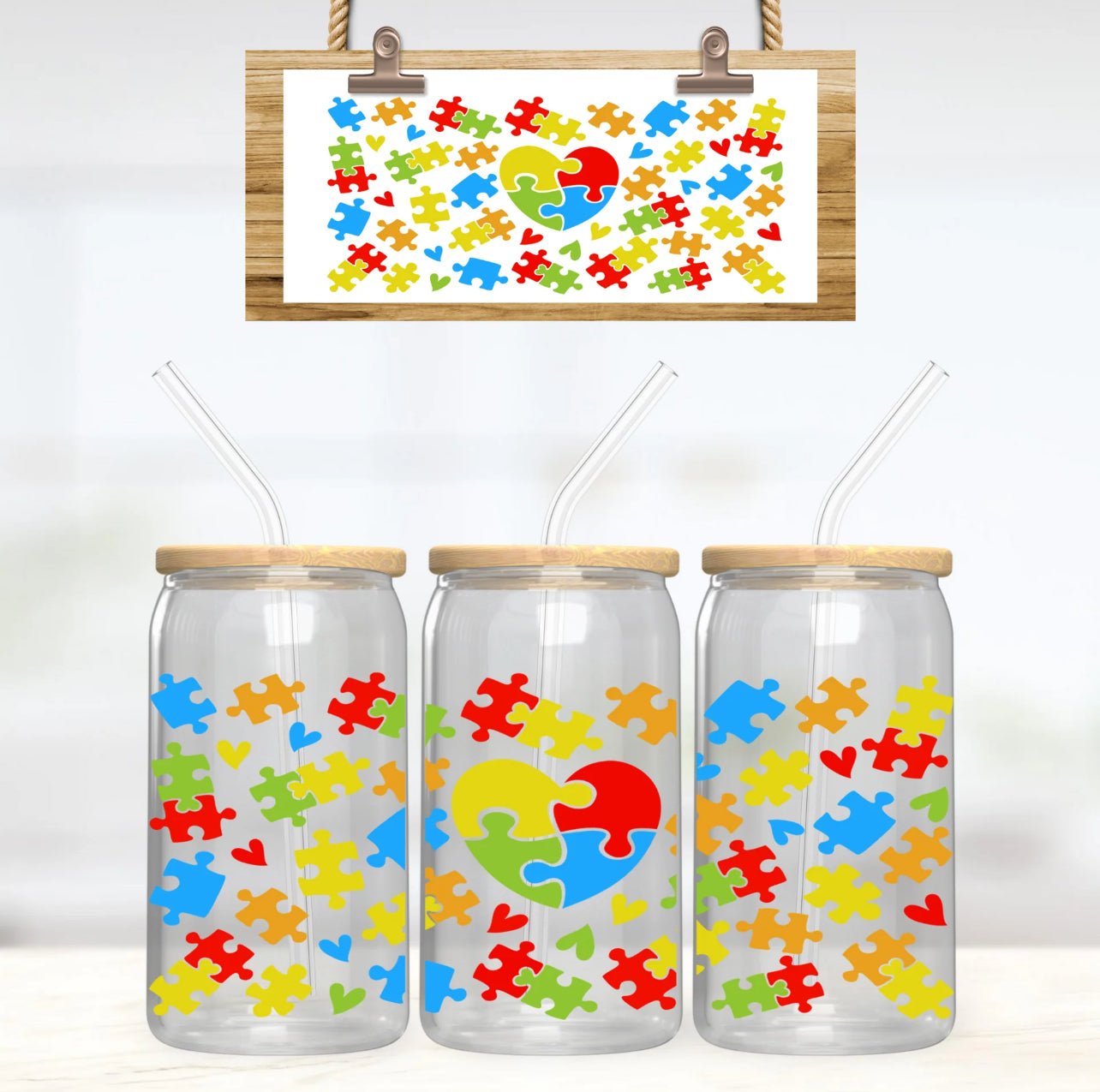 Autism Heart Puzzle 16 oz Glass Cup