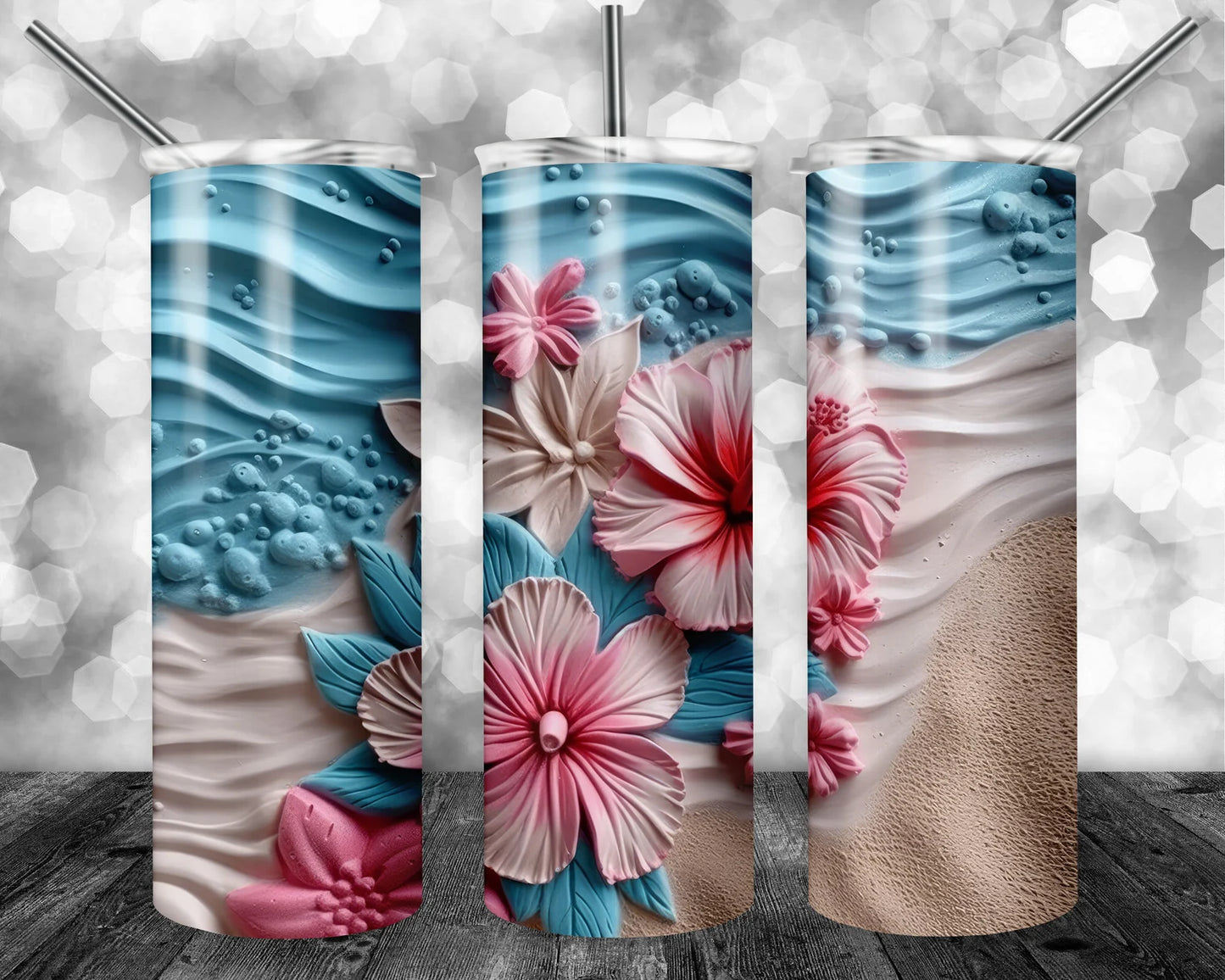 Pink 3D Flowers Sand Beach Transfer Sheets