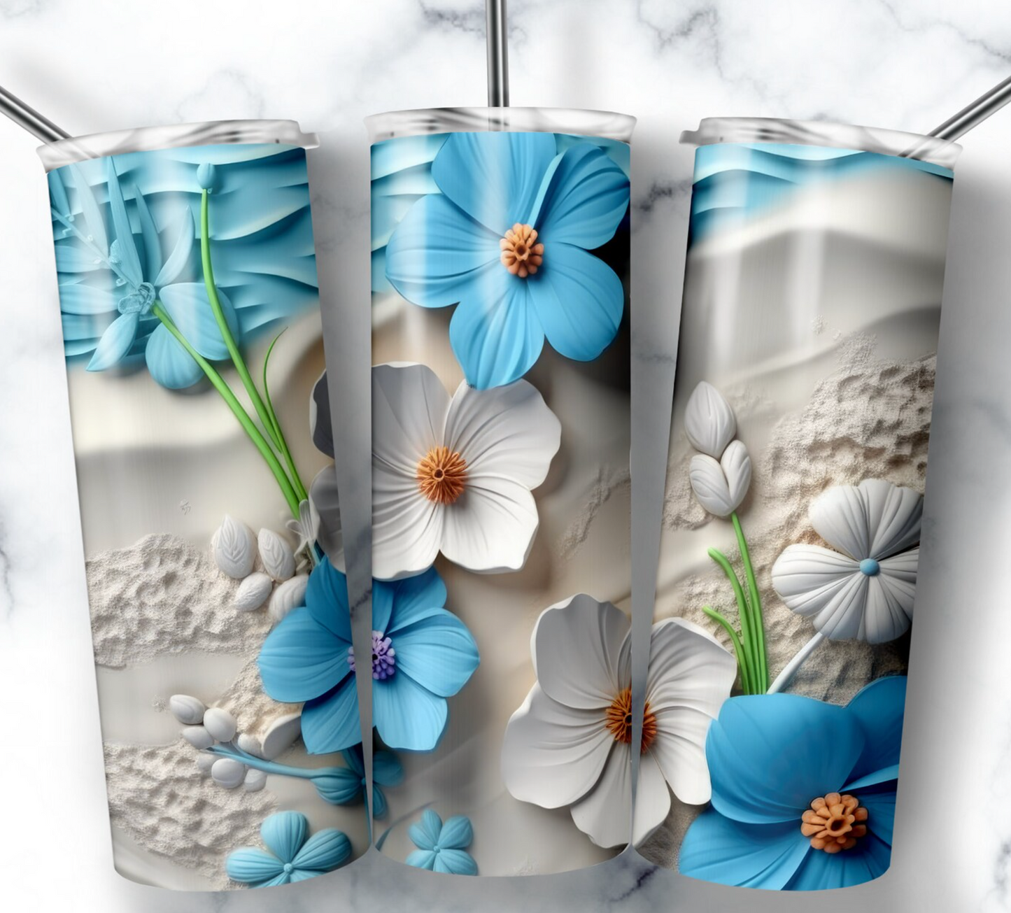 Blue 3D Flowers Sand Beach Transfer Sheets